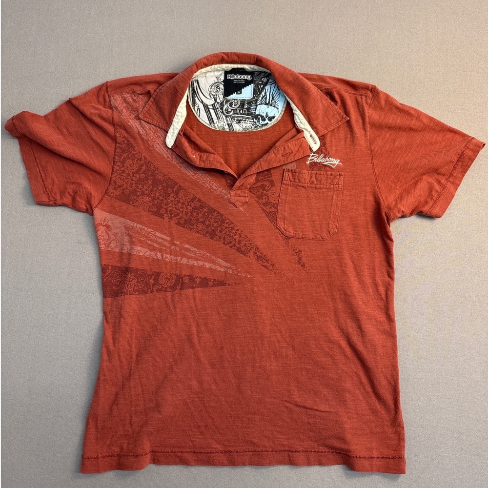 Billabong Mens Slim Fit Polo Shirt Orange Graphic Print Cotton Slub Size M